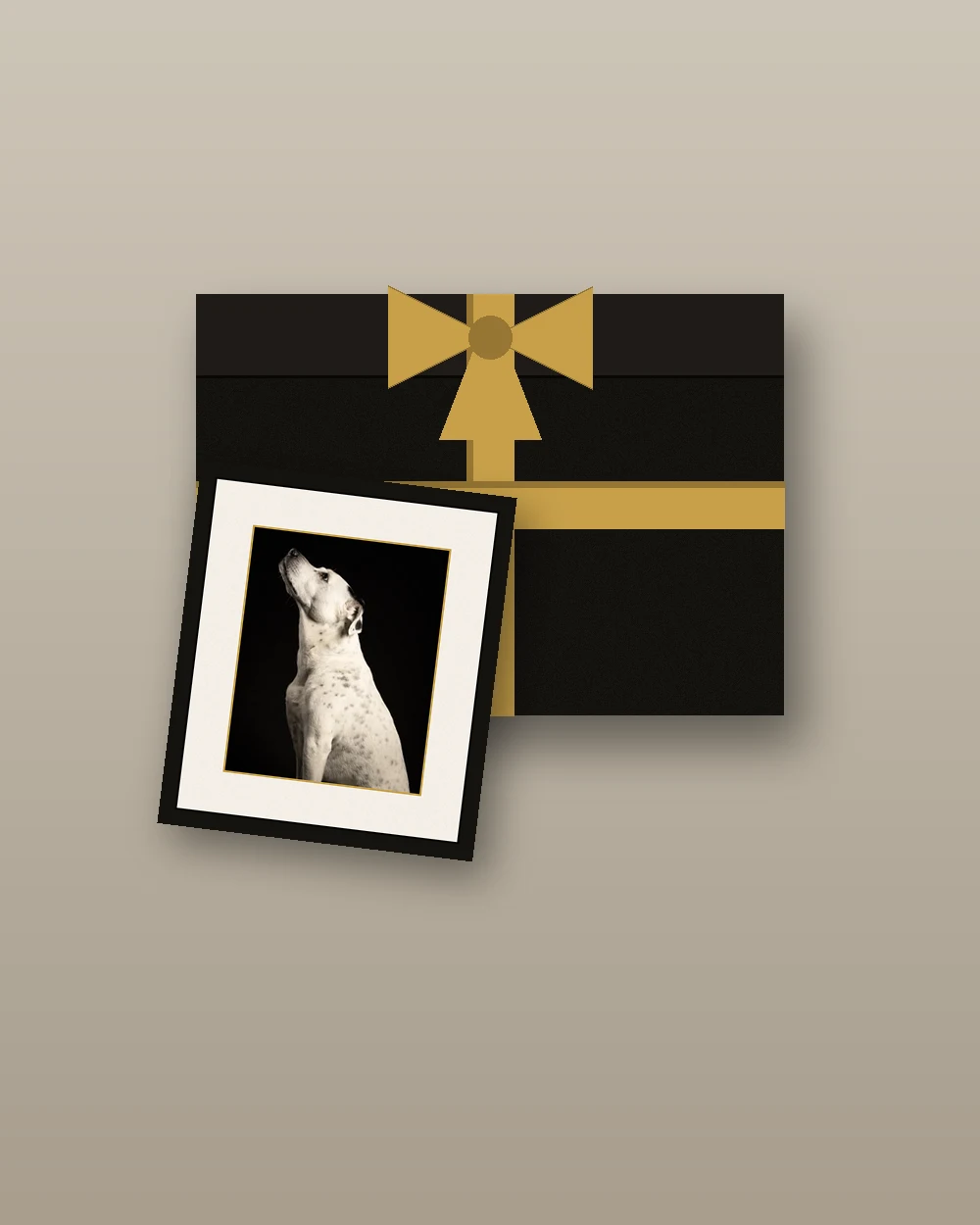 A small framed dog portrait presented as a gift piece